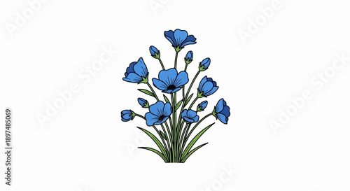 A cluster of blue flowers with green stems and leaves