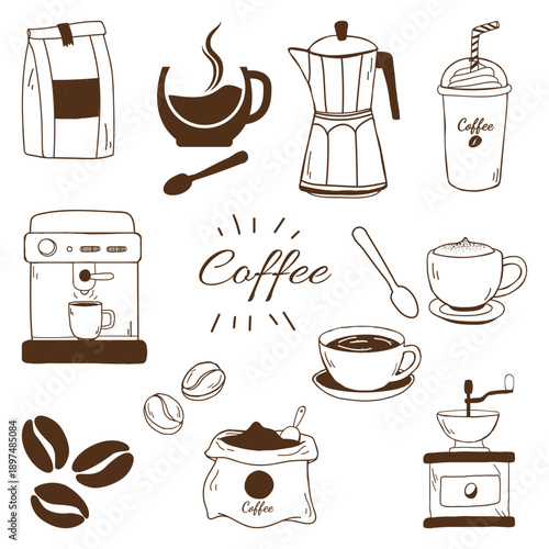 Hand Drawn Coffee Vector Set - Coffee Cup, Beans, Espresso Machine, Cafe Line Illustration