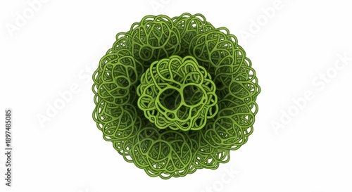 Intricate green fractal sphere composed of interwoven organic loops and hollow orbs