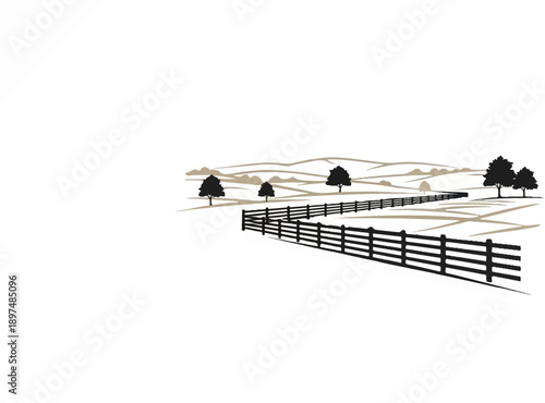 A stark, minimalist illustration of a rural landscape with a wooden fence and silhouetted trees