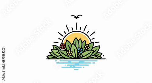 A minimalist depiction of a sun rising over lush green foliage with colorful flowers, reflected in calm blue water, under a flying bird