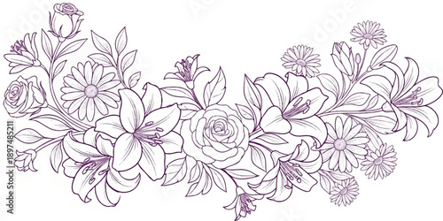 Delicate purple line art floral arrangement with roses, lilies, and daisies