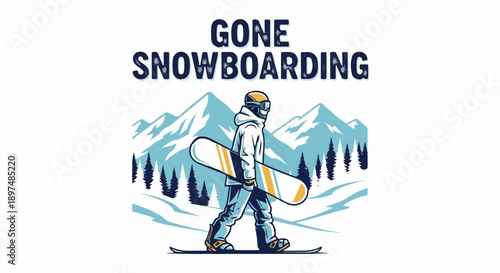 A snowboarder walks through a winter mountain landscape with snow-covered peaks