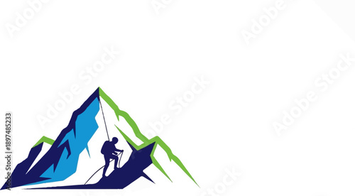 Silhouette of a lone climber scaling a vibrant, abstract mountain peak with a blue and green palette