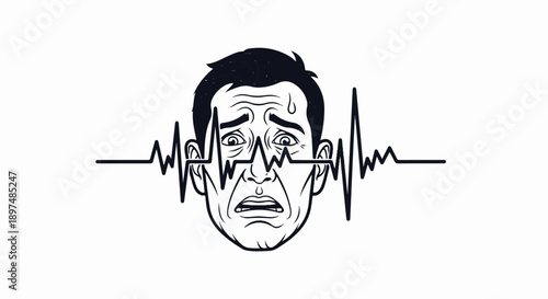 Distressed face with erratic heart rhythm line