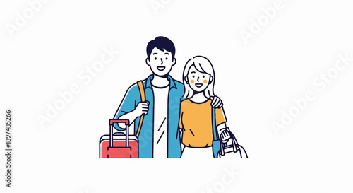 Smiling couple with luggage, ready for a trip, embracing