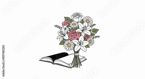 Open book with a vibrant bouquet of flowers