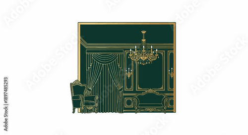 Ornate room interior with plush furniture, grand chandelier, wall sconces, and draped curtains, evoking luxury