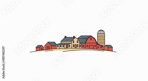 A stylized illustration of a rural farm with several buildings and a silo
