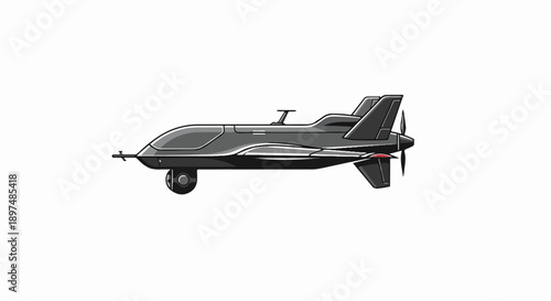 Sleek, dark gray aircraft with a propeller, landing gear, and twin tail fins