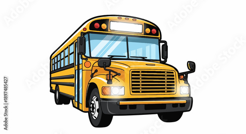 A bright yellow cartoon school bus with reflective windows, black trim, and lights