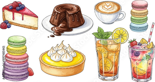 A vibrant watercolor illustration of assorted desserts and refreshing drinks