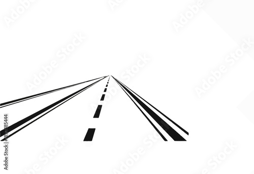 A black and white illustration of a road receding into the distance with white dashed lines
