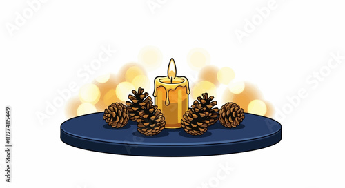 A lit candle and pinecones on a blue surface, with soft bokeh lights in the background