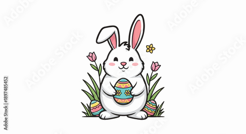 Adorable bunny with colorful Easter eggs and spring flowers, in a charming cartoon style