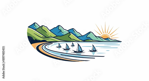 Sailboats glide on tranquil waters near a sunlit mountain coast