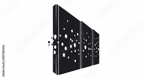 Abstract dark rectangular shapes with scattered white circular and starburst patterns receding into space