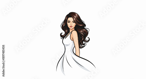 A striking woman with flowing brown hair in a white dress