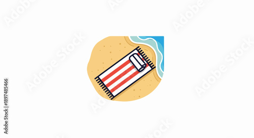 A colorful beach scene with a striped towel and gentle waves