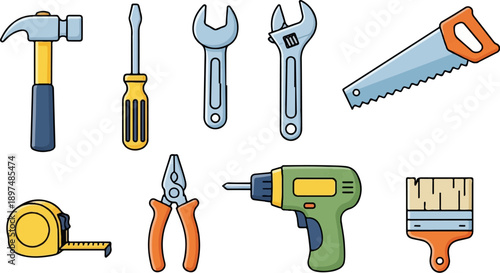 Assorted DIY tools like a hammer, screwdriver, wrenches, saw, pliers, drill, tape measure, and brush