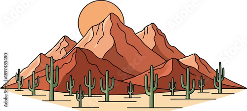 Stylized desert mountains with saguaro cacti under a large, orange sun