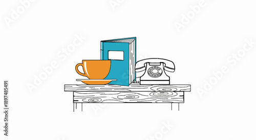 A vintage rotary phone, a blue book, and an orange coffee cup sit on a wooden table