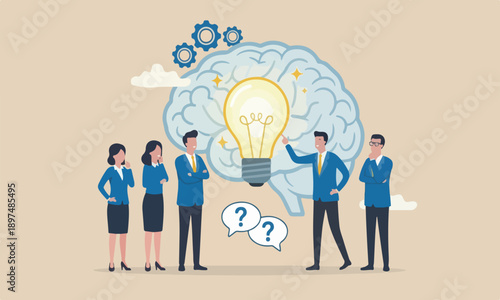 Intelligence, fall meeting teams togetherbgenius brain, creative mindset or emotional intelligence, smart thinking or psychology concept, smart man turn on lightbulb idea inside his genius head.
