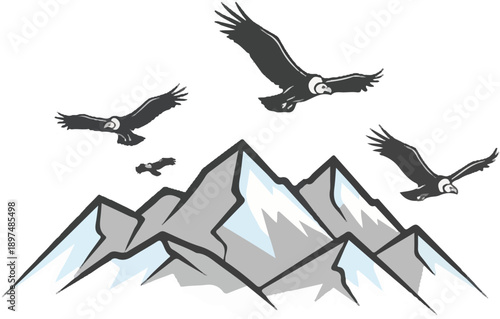 Large birds soar above snow-capped peaks