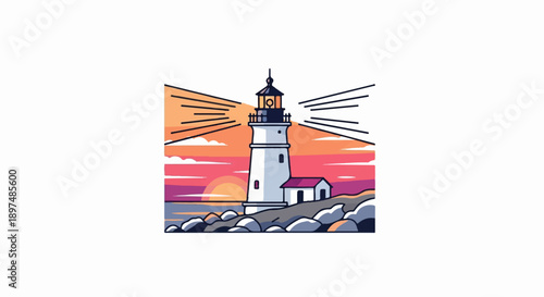 Coastal lighthouse beams light across the sea at sunset with surrounding rocks and a small building