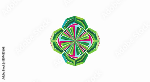 Symmetrical radial pattern with green, teal, and magenta geometric facets