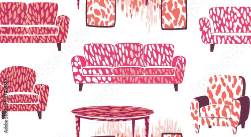 Abstract animal-print upholstery on mid-century modern furniture in vibrant pink and coral hues