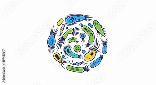 Colorful abstract circular collection of various cartoon bacteria, viruses, and microorganisms