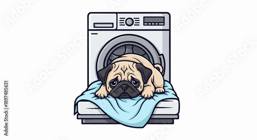 A sad pug lies on a blue cloth in front of an open washing machine