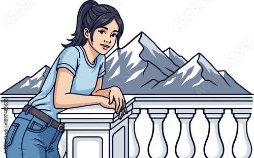 Young woman with ponytail leans on a balcony railing, mountains in background