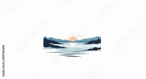Pixelated sunrise over a tranquil lake with forested shores and mountains