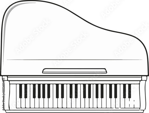 Detailed line drawing of a grand piano with its keys clearly visible