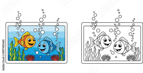 Cute cartoon fish in aquarium vector illustration with coloring book page outline for kids education and activity