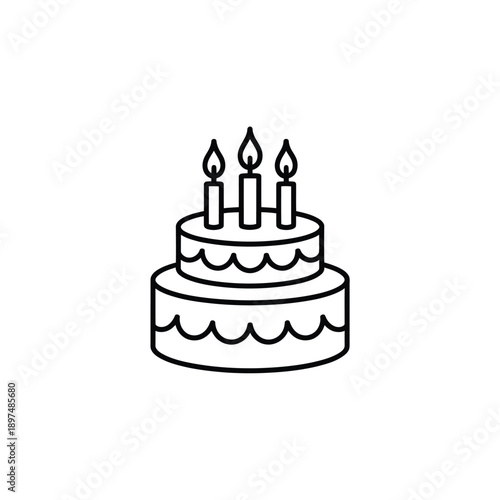 Simple line drawing of a two tiered birthday cake with three lit candles