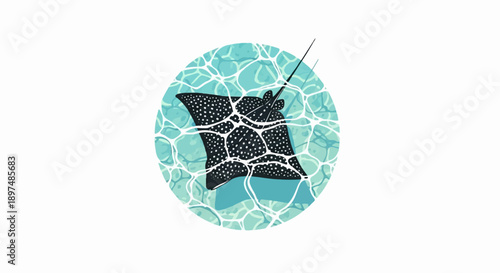 A spotted ray glides through shimmering turquoise water, seen from above