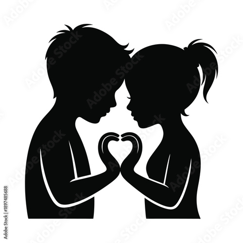 Silhouette of a couple holding a heart symbolizing love and affection isolated on white background, Vector, illustration
