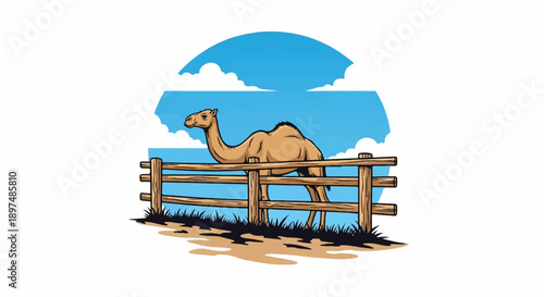 A camel stands behind a wooden fence under a blue sky with clouds