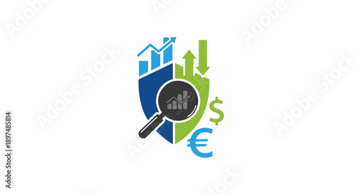 Financial shield with magnifying glass and currency symbols, showing up and down trends