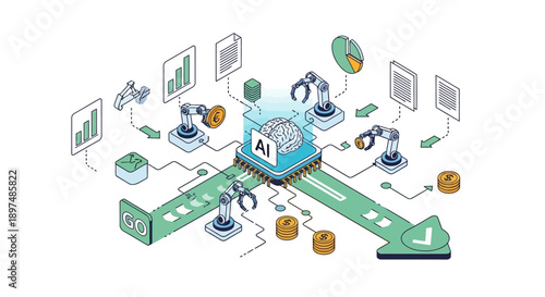 AI powered robotic arms process data and money on circuit board