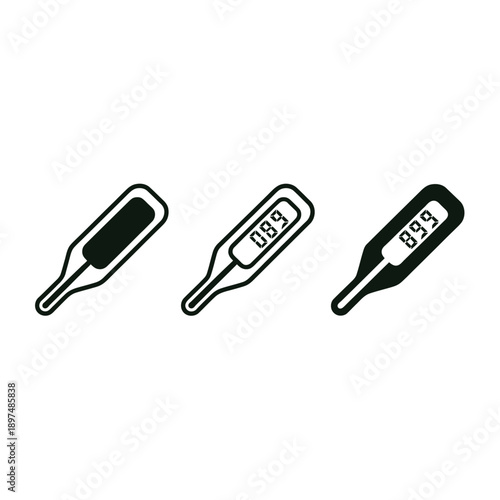 Three black and white icons depicting different styles of thermometers
