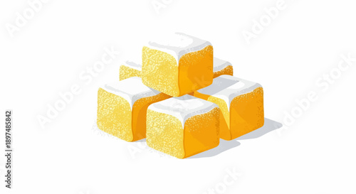 A pile of golden cubes dusted with white powder, casting subtle shadows