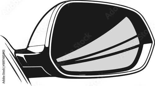 Stylized illustration of a car's side mirror, showing reflection