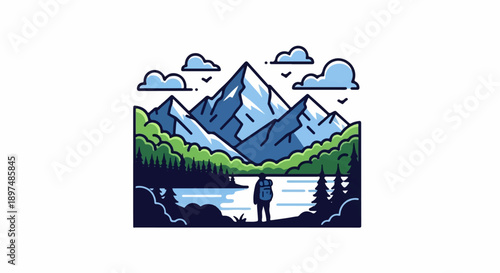 A person with a backpack stands by a lake, looking at majestic snow-capped mountains and green trees