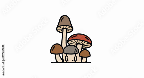 Group of stylized mushrooms with brown and red caps and cream stems