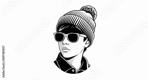 Black and white illustration of a young person wearing a beanie and sunglasses