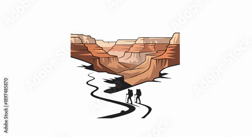 Two hikers trek a winding path through a vast, colorful canyon